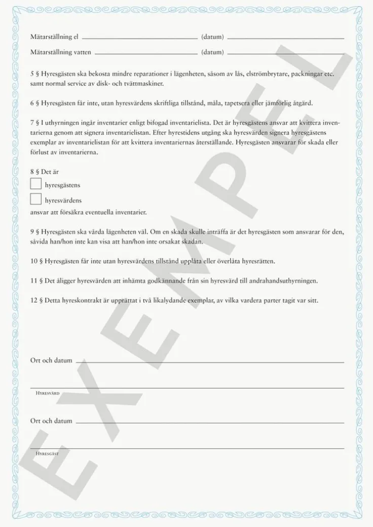 Blankett Hyreskontrakt lägenhet i andra hand