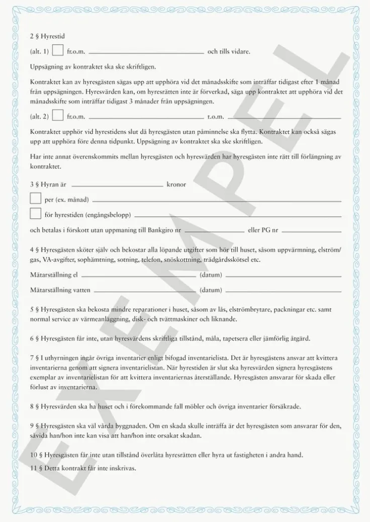 Blankett Hyreskontrakt villa