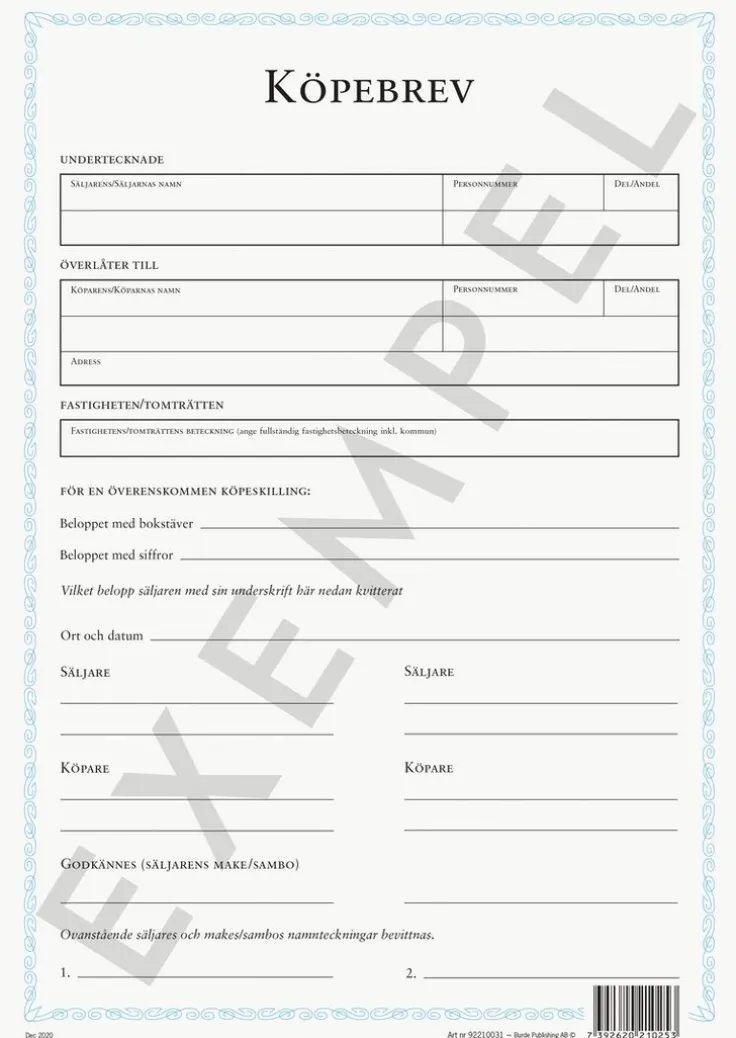 Blankett Köpebrev Fastighet/Tomträtt