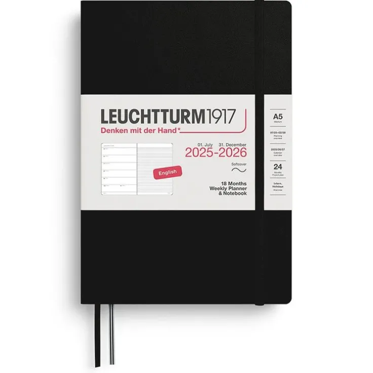 Kalender 2025-2026 Leuchtturm A5 Vecka/Uppslag notes 18mån mjuk svart