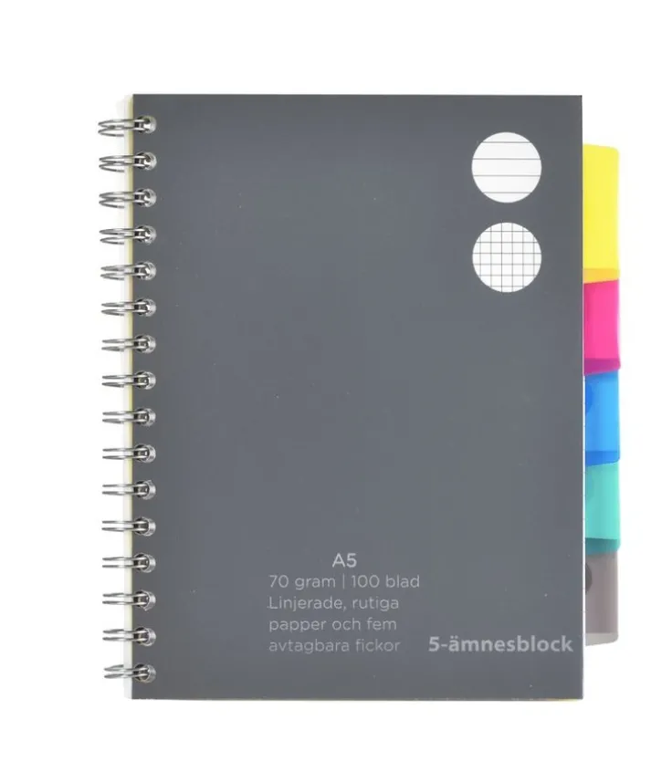 Ämnesblock A5 - 5 flikar svart