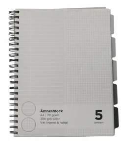 Ämnesblock A4 5 flikar - grå inlaga/vita linjer