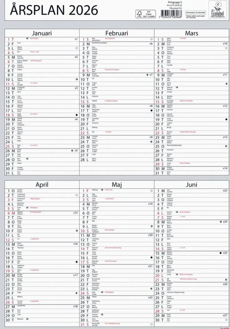 Väggkalender 2026 Årsplan